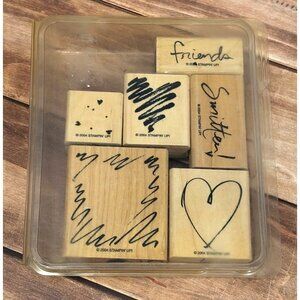 2004 STAMPIN' UP! SMITTEN WOOD MOUNT RUBBER STAMP SET OF 6 HEART LOVE VALENTINE